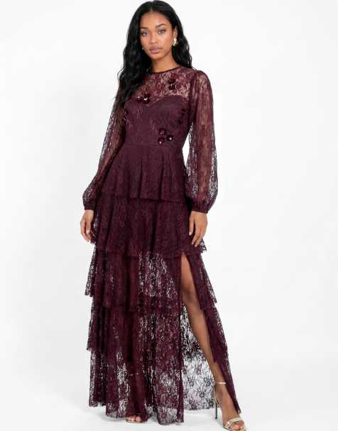 Maya Floral embellished blouson sleeve tiered lace maxi dress in wine
