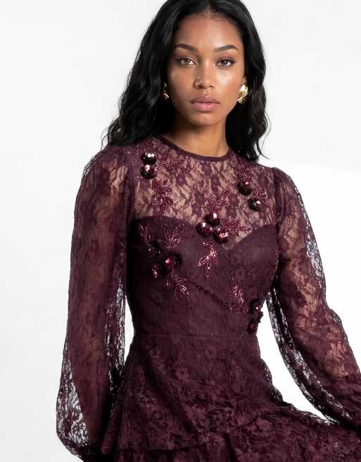 Maya Floral embellished blouson sleeve tiered lace maxi dress in wine, 3 of 5
