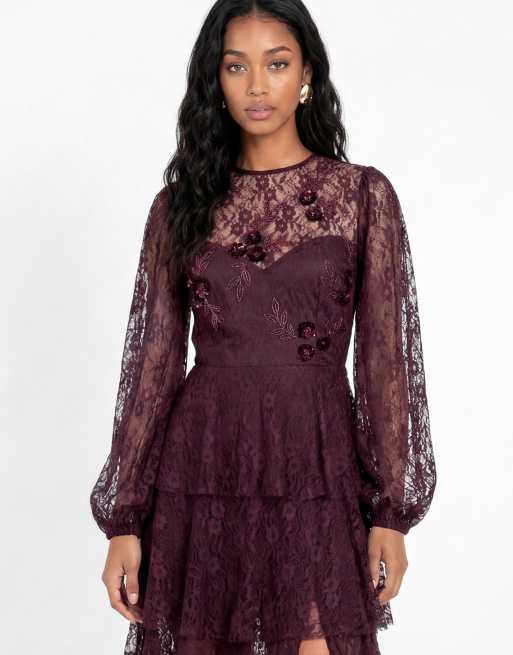 Maya Floral embellished blouson sleeve tiered lace maxi dress in wine, 4 of 5