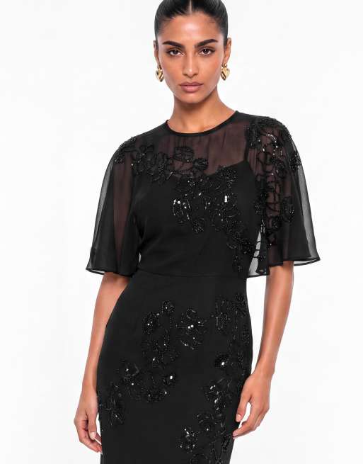 Maya Floral embellished cape sleeve maxi dress in black, 3 of 5