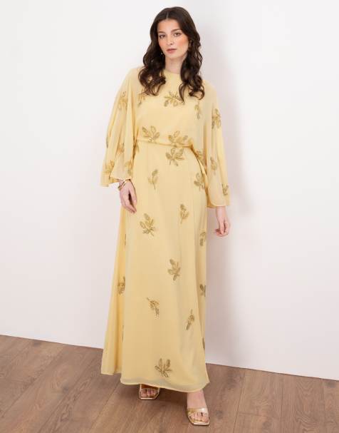 Maya Floral embellished cape sleeve maxi dress in buttercream