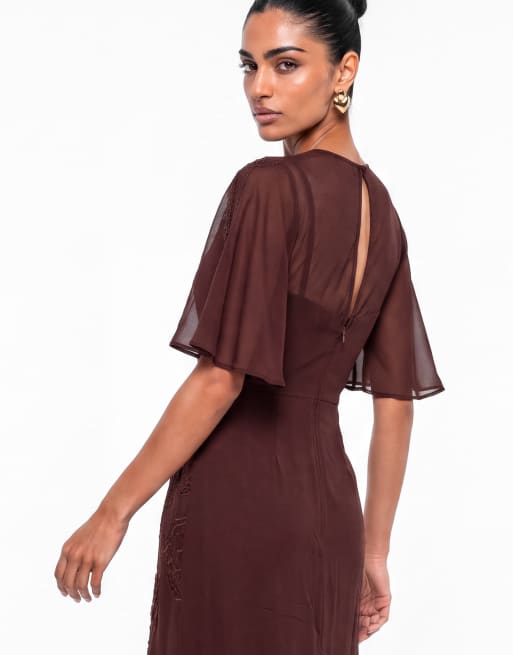 Maya Floral embellished cape sleeve maxi dress in espresso, 4 of 5