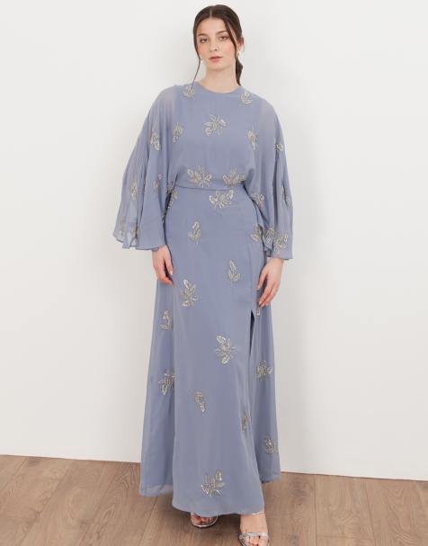 Maya Floral embellished cape sleeve maxi dress in wisteria blue