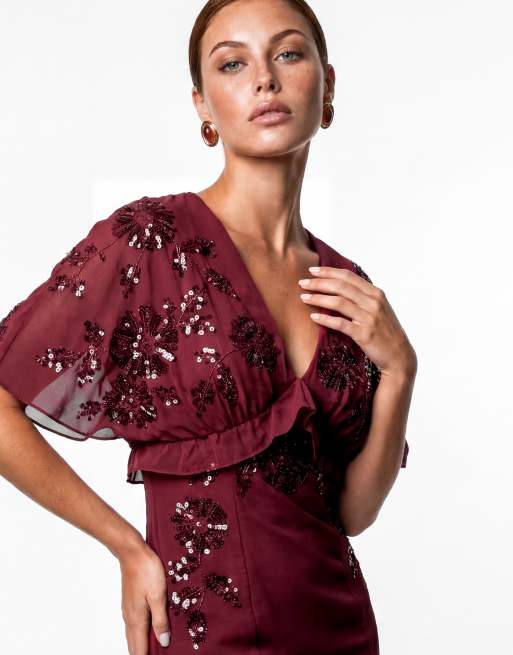 Maya Floral embellished cape sleeve midaxi dress in ruby, 3 of 4