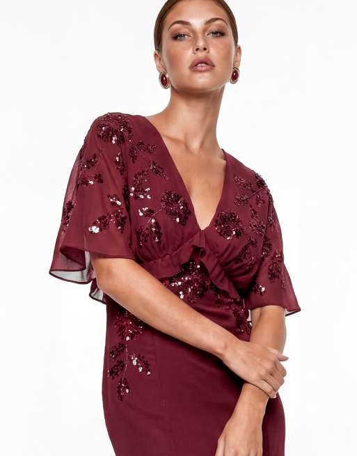Maya Floral embellished cape sleeve midaxi dress in ruby, 4 of 4