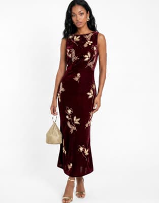 Maya Floral Embellished Cowl Back Velvet Midaxi Dress In Red