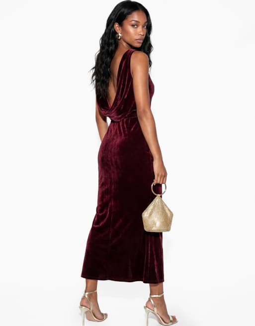 Maya Floral embellished cowl back velvet midaxi dress in wine, 2 of 6