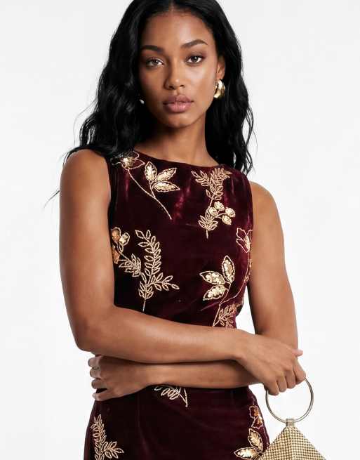 Maya Floral embellished cowl back velvet midaxi dress in wine, 3 of 6
