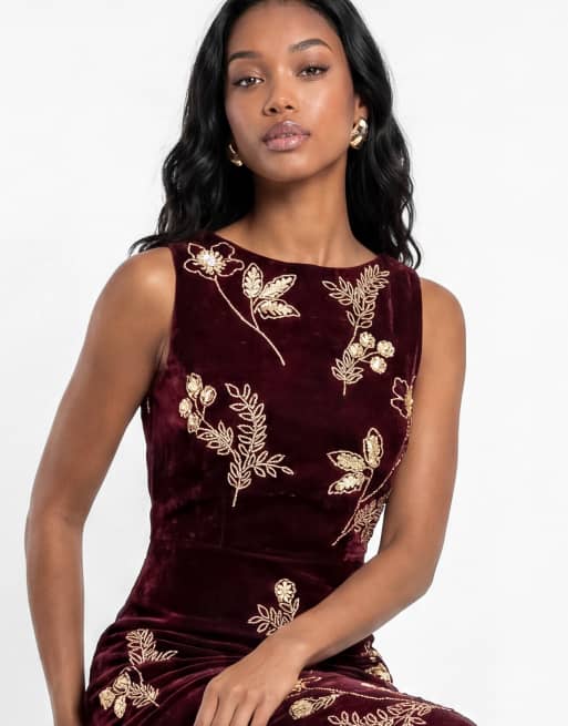 Maya Floral embellished cowl back velvet midaxi dress in wine, 4 of 6