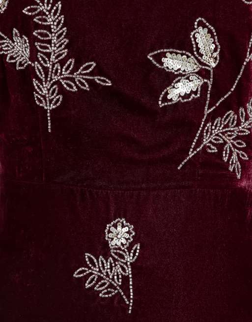 Maya Floral embellished cowl back velvet midaxi dress in wine, 5 of 6