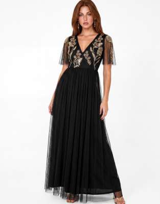 Maya Floral Embellished Faux Wrap Tulle Maxi Dress In Black