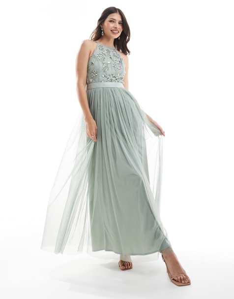 Maya Floral embellished halter neck bridesmaid maxi dress in sage green - view 1