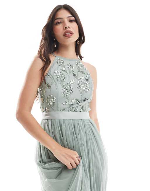 maya sage green bridesmaid dresses Sage Green Stripe Embellished Bridesmaid Maxi Dress With Sash Belt | Maya  Deluxe