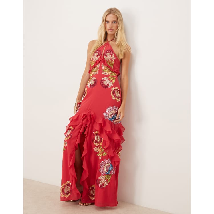 maya embroidered halter neck prom maxi dress in multi Maya Hot Pink Floral Embellished Halter Neck Maxi Dress  Maya Deluxe