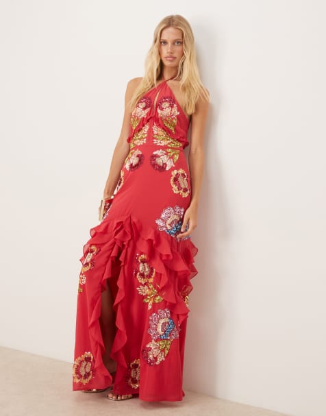 Maya Floral embellished halter neck maxi dress in hot pink