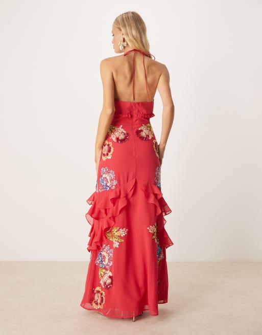 maya embroidered halter neck dress Maya Embroidered halter neck keyhole back maxi dress in meadow green