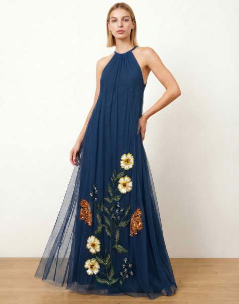 Maya Floral embellished halter neck trapeze maxi dress in blue
