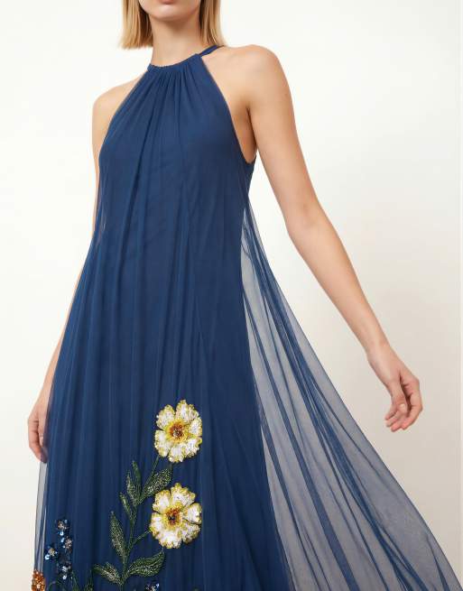 Maya Floral embellished halter neck trapeze maxi dress in blue, 2 of 4