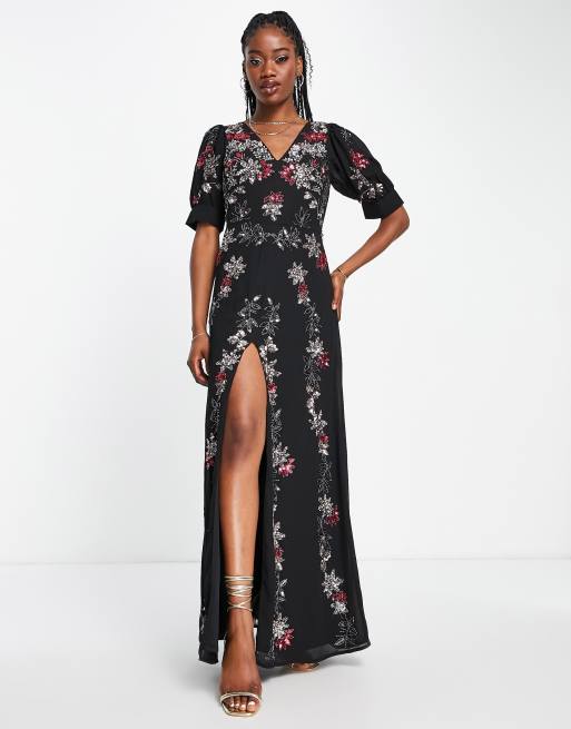 Maya Floral Embellished Navy Maxi Dress with Thigh Split