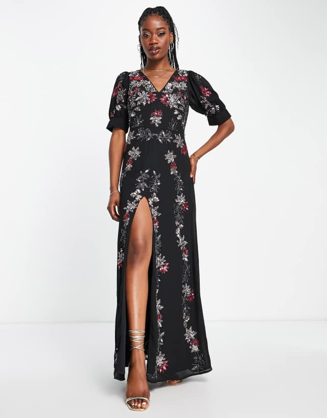 Maya floral embellished maxi dress in black