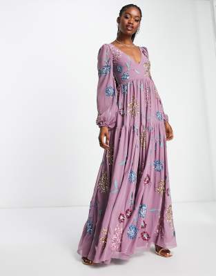 Maya floral embellished maxi dress in plum