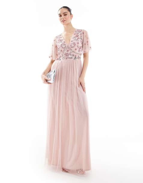 Maya Floral embellished Polka Dot mesh maxi bridesmaid dress in blush pink - view 1