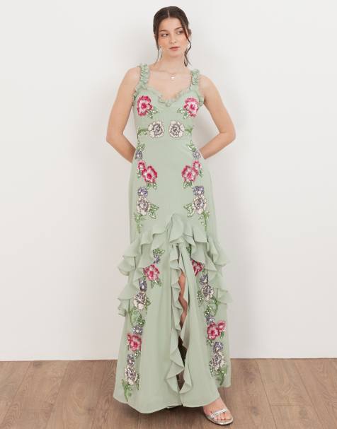 Maya Floral embellished ruffle cami maxi dress in sage green - view 1