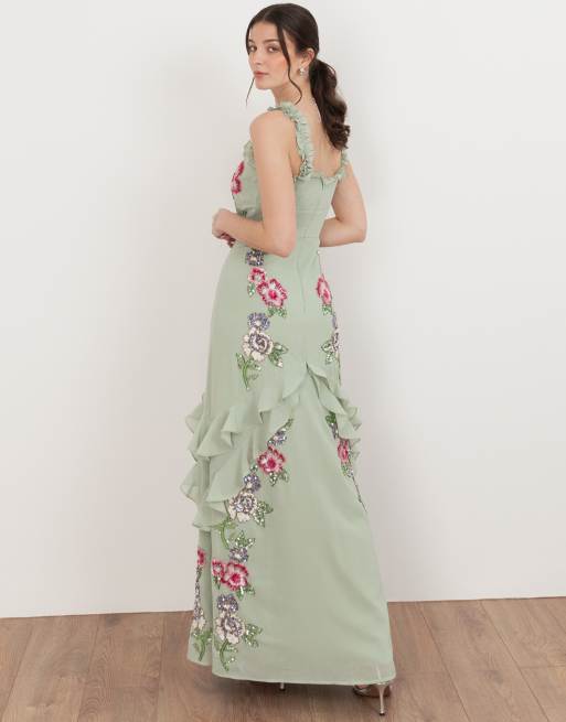Maya Floral embellished ruffle cami maxi dress in sage green, 2 of 4
