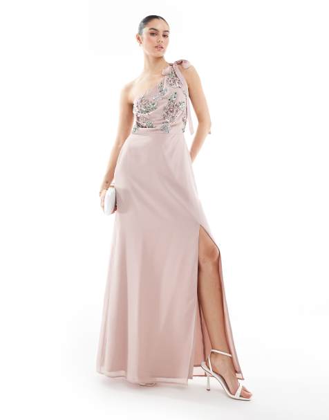 Maya Floral embellished self-tie one shoulder maxi dress in frosted pink - view 1