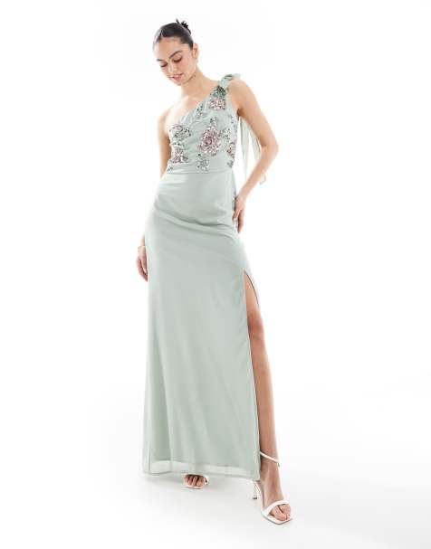 Maya Floral embellished self-tie one shoulder maxi dress in sage green - view 1