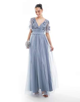 Maya Floral embellished shirred waist short sleeve maxi bridesmaid dress in dusty blue