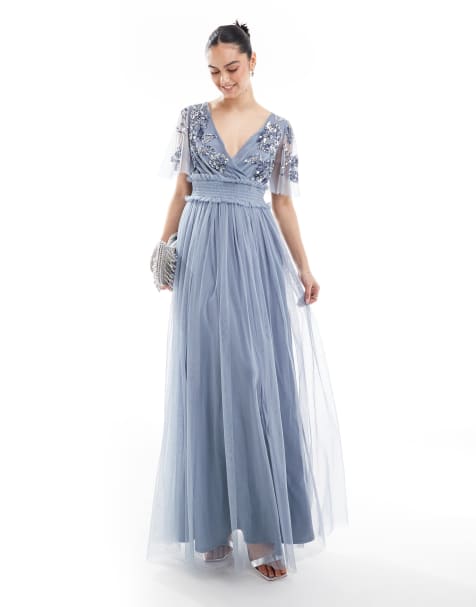 Maya Floral embellished shirred waist short sleeve maxi bridesmaid dress in dusty blue - view 1