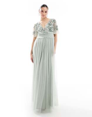 Maya Floral embellished shirred waist short sleeve maxi bridesmaid dress in sage green