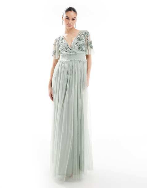Maya Floral embellished shirred waist short sleeve maxi bridesmaid dress in sage green
