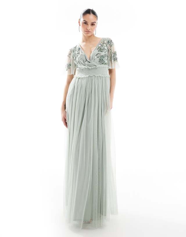 real maya bridesmaid dresses Floral embellished shirred waist short sleeve maxi dress in sage green Manufacturer_Mazari the dress contours the Ti Amo Linen Wrap Maxi dress Color:Vintage mayve