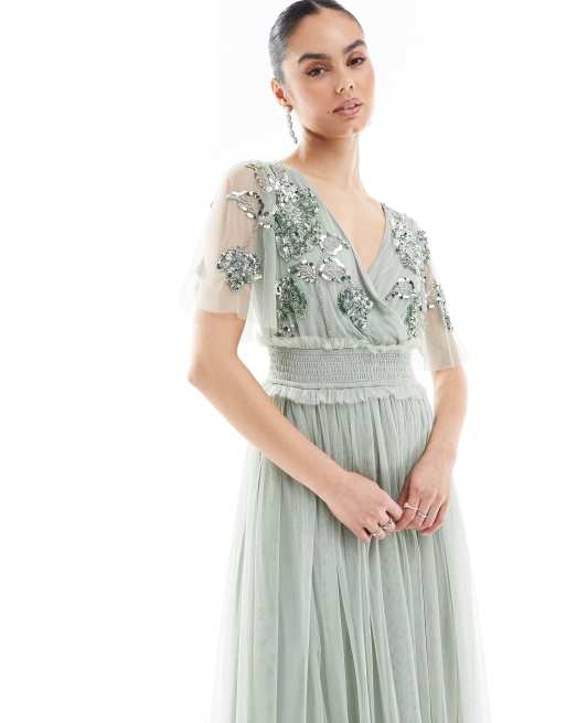 Maya Floral embellished shirred waist short sleeve maxi bridesmaid