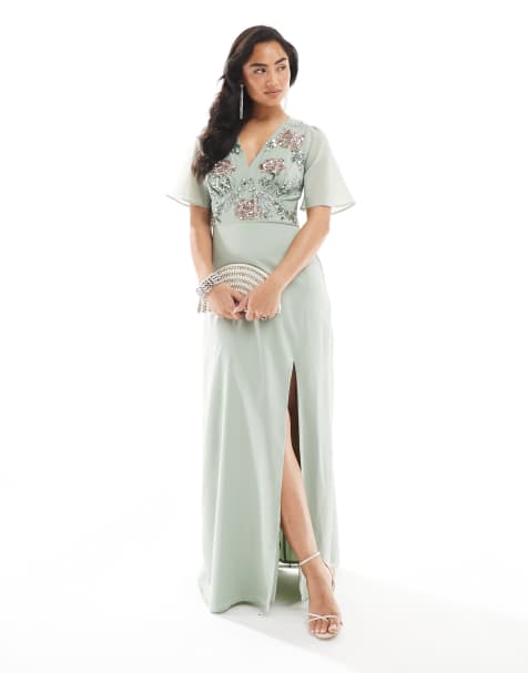 Maya Floral embellished short angel sleeve maxi dress in sage green
