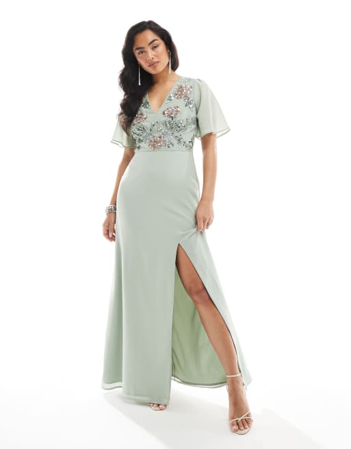 Maya Floral embellished short angel sleeve maxi dress in sage green, 3 of 4