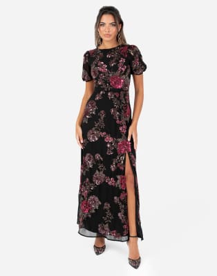 Maya Floral Embellished Short Sleeve Open Back Maxi Dress In Black