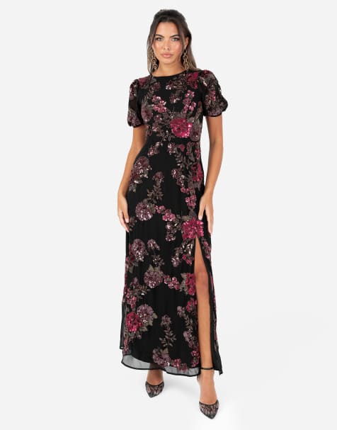 Maya Floral embellished short sleeve open back maxi dress in black