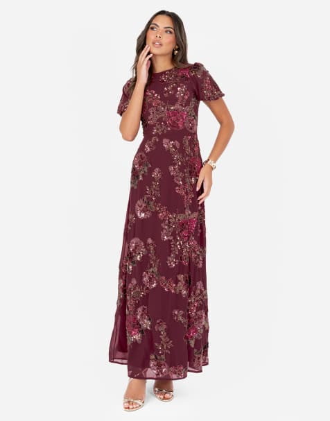 Maya Floral embellished short sleeve open back maxi dress in cranberry