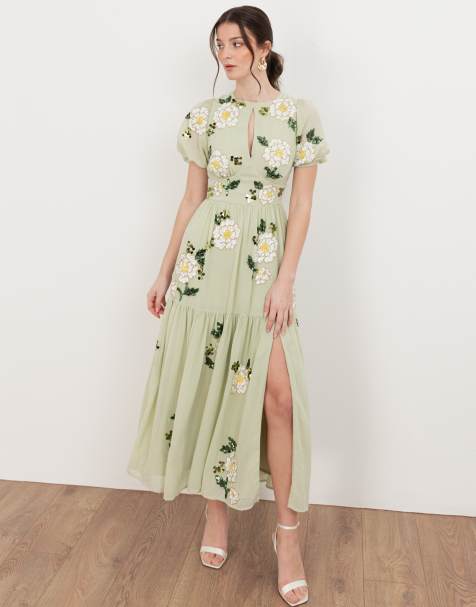 Maya Floral embellished short sleeve tiered midaxi dress in meadow green - view 1