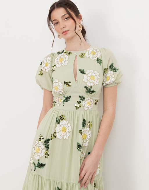 Maya Floral embellished short sleeve tiered midaxi dress in meadow green |  ASOS