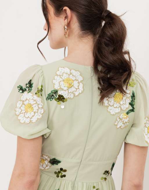 Maya Floral embellished short sleeve tiered midaxi dress in meadow green, 3 of 4