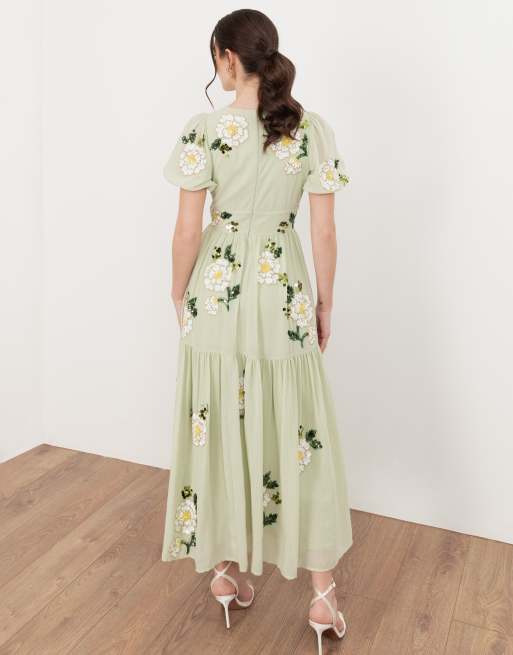 Maya Floral embellished short sleeve tiered midaxi dress in meadow green |  ASOS