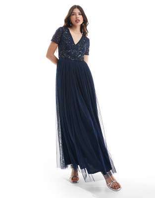 Maya Floral Embellished Short Sleeve V Neck Bridesmaid Maxi Dress In Blue