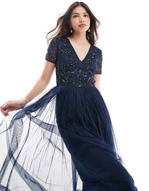 Maya Floral embellished short sleeve v neck bridesmaid maxi dress in navy, 2 of 4