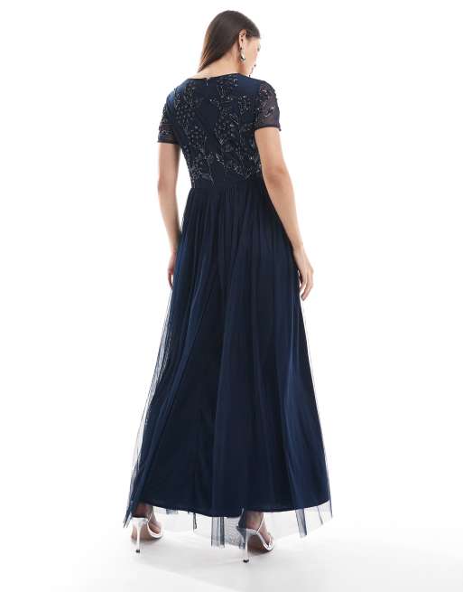 Maya Floral embellished short sleeve v neck bridesmaid maxi dress in navy, 3 of 4