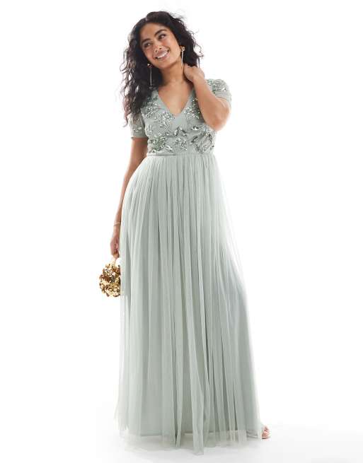 Maya Floral embellished short sleeve v neck bridesmaid maxi dress in sage green