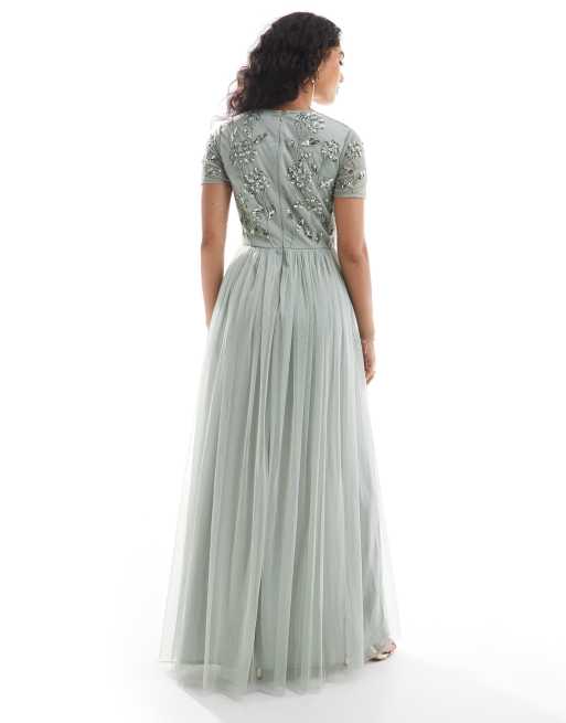Maya Floral embellished short sleeve v neck bridesmaid maxi dress in sage green ASOS